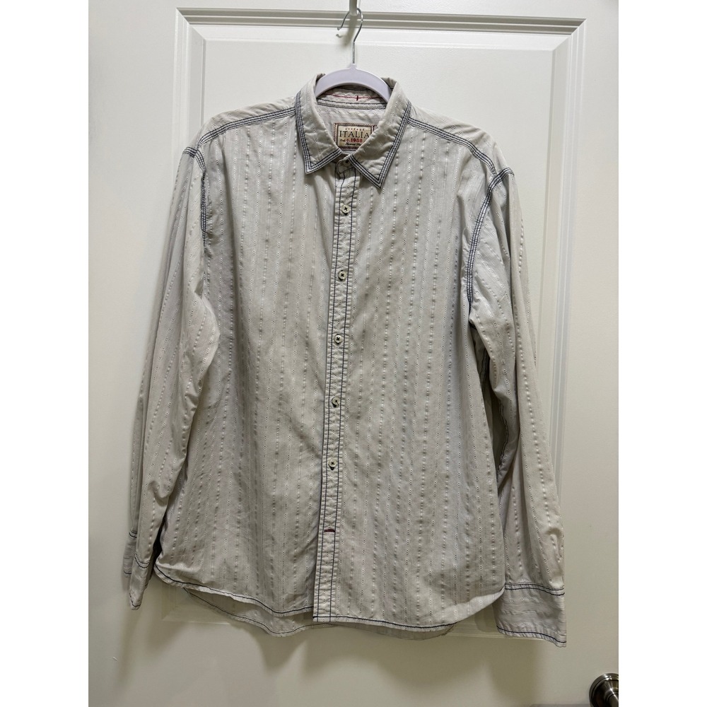 Vintage Italia c.1958 Mens XL Cream Dobby Stripe Contrast Stitch Button Down